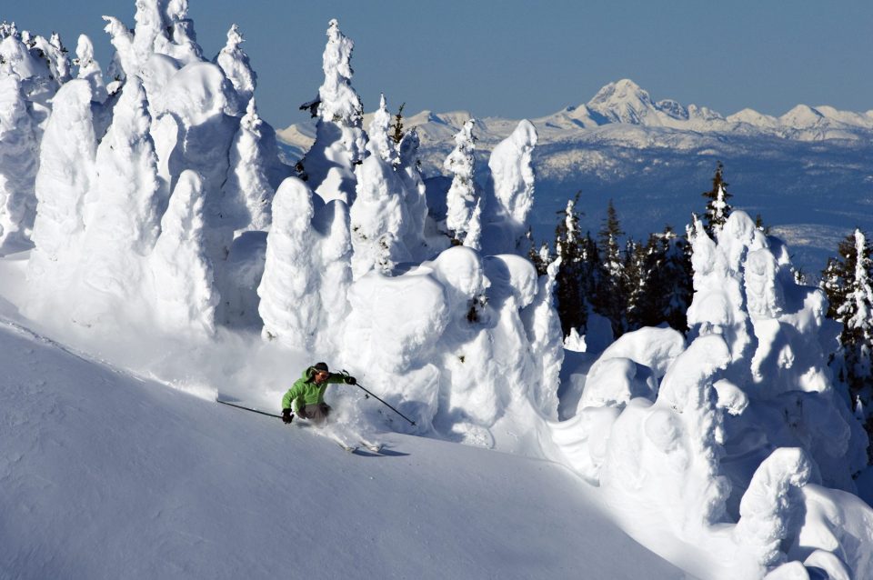 skier in powder in front of snow ghosts