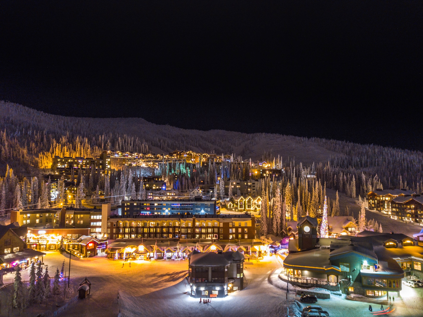 Big White resort at night with lights on